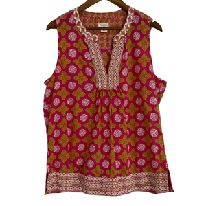 Sigrid Olsen Pink & Mustard Floral Print Embroidered Women's Top Size XL